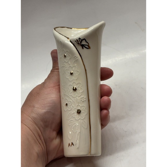 Vintage Porcelain VASE Hand Painted Flowers , butterfly Gold Accents - Picture 6 of 16